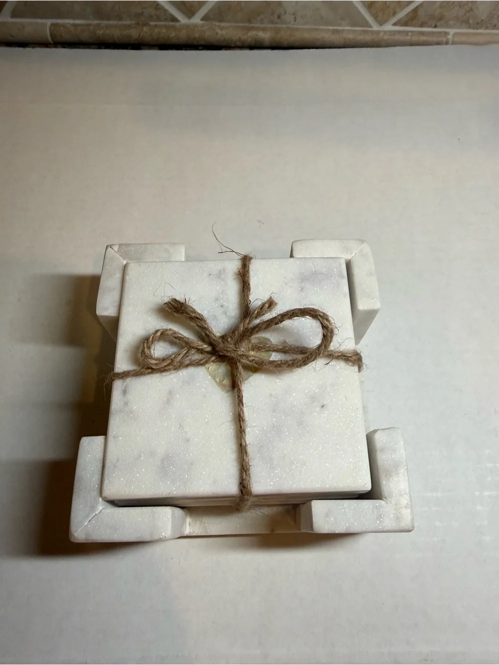 Creative Co-Op Set of 4 Square White Marble Coasters w/ Marble Holder India